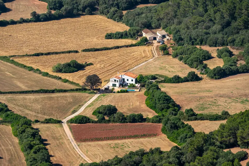 Parcelas de cultivo y caminos rurales vistos desde el aire, con una casa entre pinos