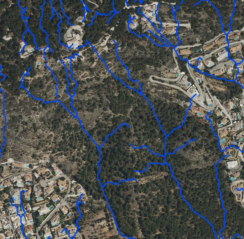 Drainage network in a thick line over the orthophoto of a hillside with pine woodland and houses, calculated with a model of 0.5 points per square metre