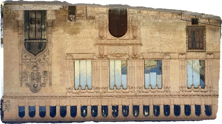 Ortho-image of the stone façade of a historic building, with large windows, grilles, decorative reliefs and a gallery of small arches at the bottom