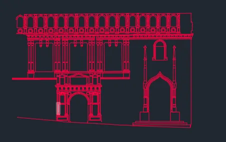 Digitalización en líneas de un alzado del edificio con una galería de arcos, una portada y una puerta de arco apuntado