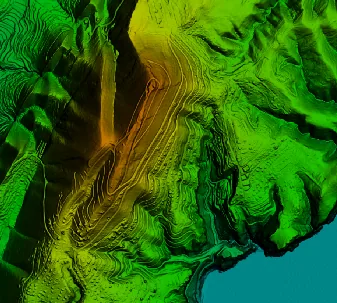 Detalle del modelo de la ladera con el relieve sombreado, donde se distinguen bancales y viales
