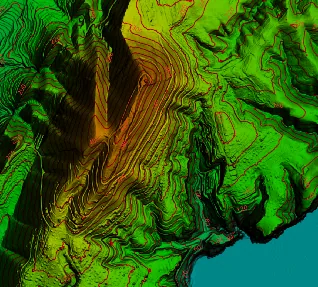 Modelo digital del terreno en colores con las curvas de nivel dibujadas y las curvas maestras en rojo
