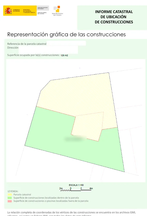Informe catastral de ubicación de construcciones con la parcela en amarillo, la construcción en verde dentro de ella y la escala gráfica