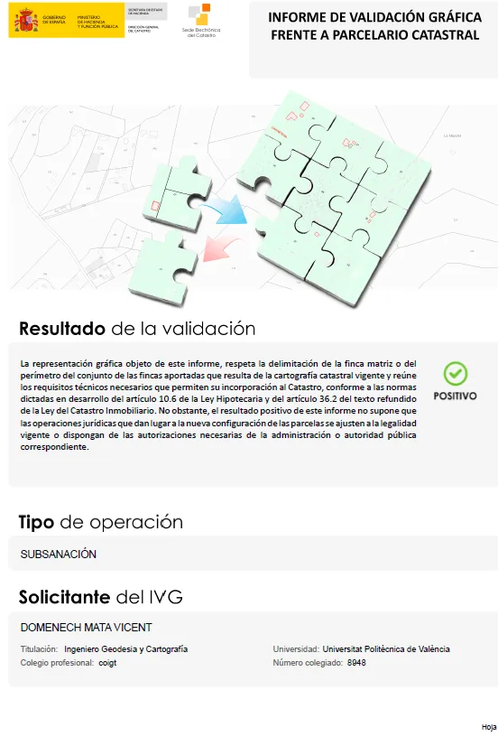 Primera página de un informe de validación gráfica del Catastro con resultado positivo, tipo de operación subsanación, solicitado por el ingeniero de Clotoides